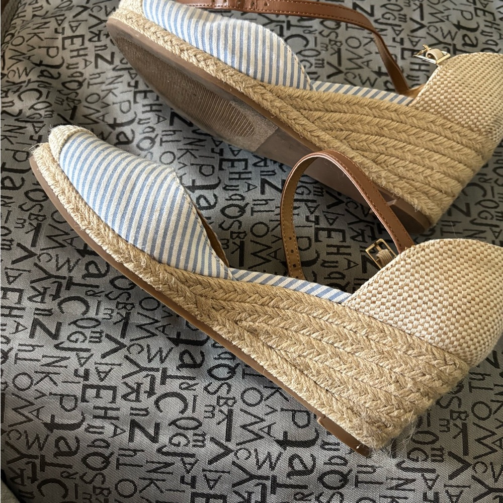 LOFT Blue and White Striped Espadrille Wedges with Tan Ankle Strap - Picture 2 of 4